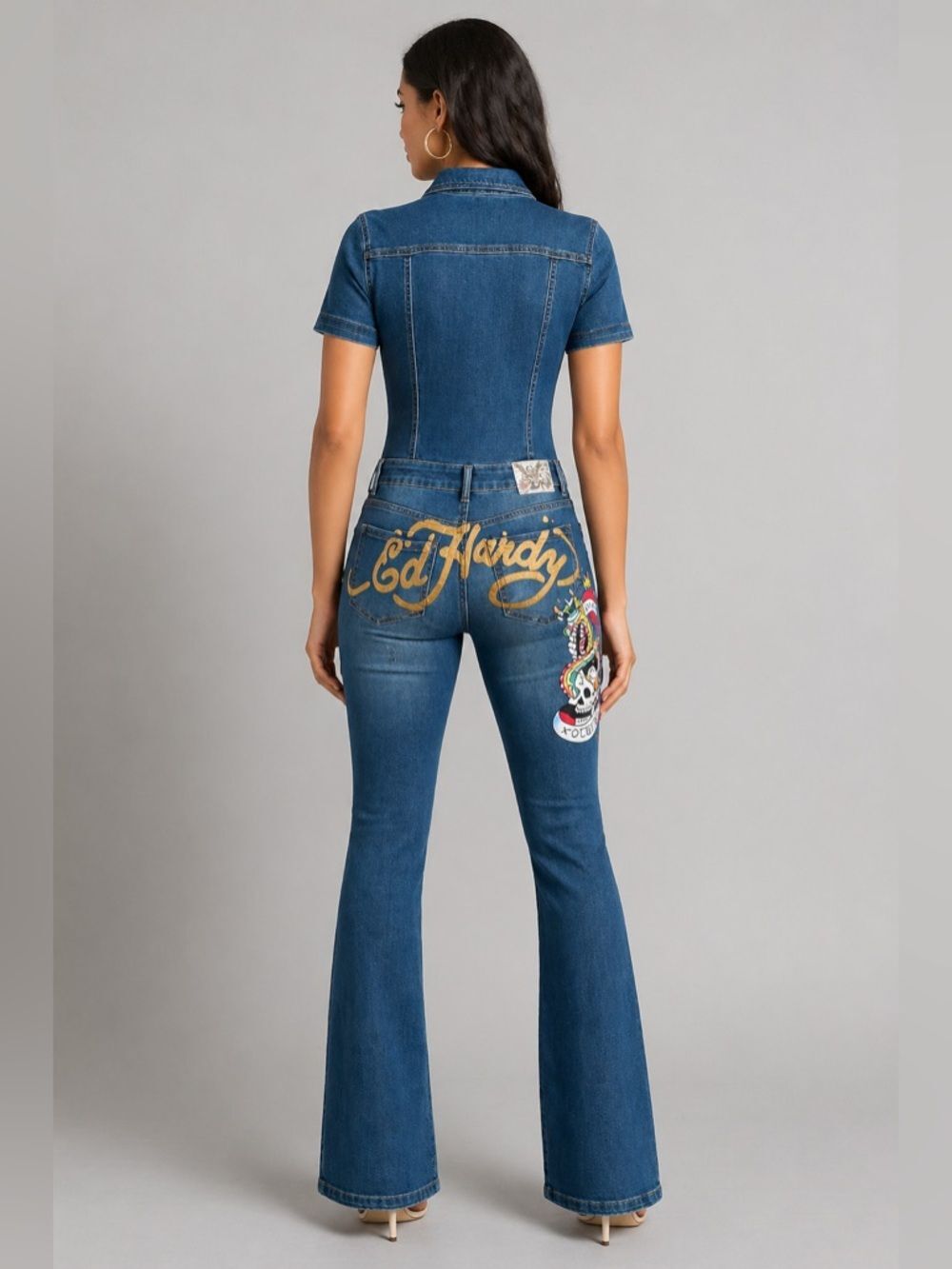 Ed Hardy Flare Leg Jumpsuit Blue M
